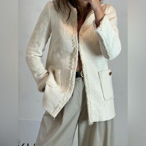 ZARA Basic Cream Tweed Fringe Jacket with Gold Buttons - Size M